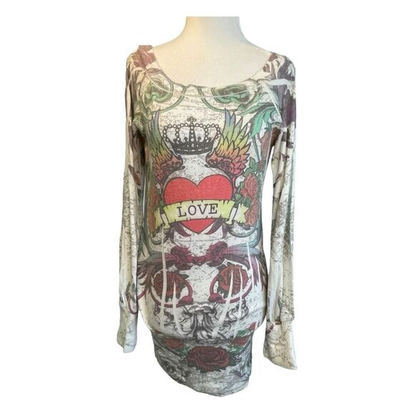 Y2K LVL X Sweater Cream Multi Knit Graphic Print Tattoo Long Sleeve Tunic M - Picture 1 of 7